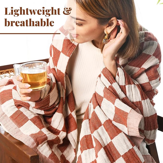 Folkulture 100% Cotton Throw Blanket, Rust Checks, Lightweight, All Seasons - Image 4