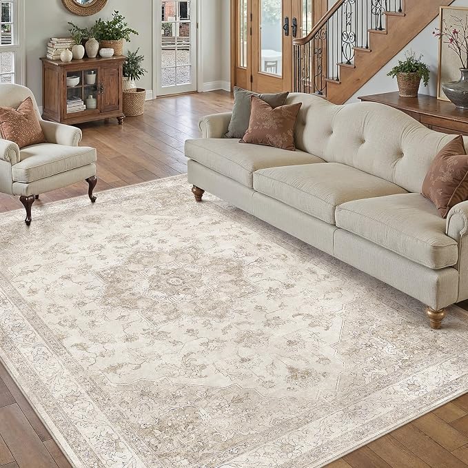 Beige Area Rug 4x5 Washable Vintage Carpet Entryway Office Soft Retro Kitchen - Image 5