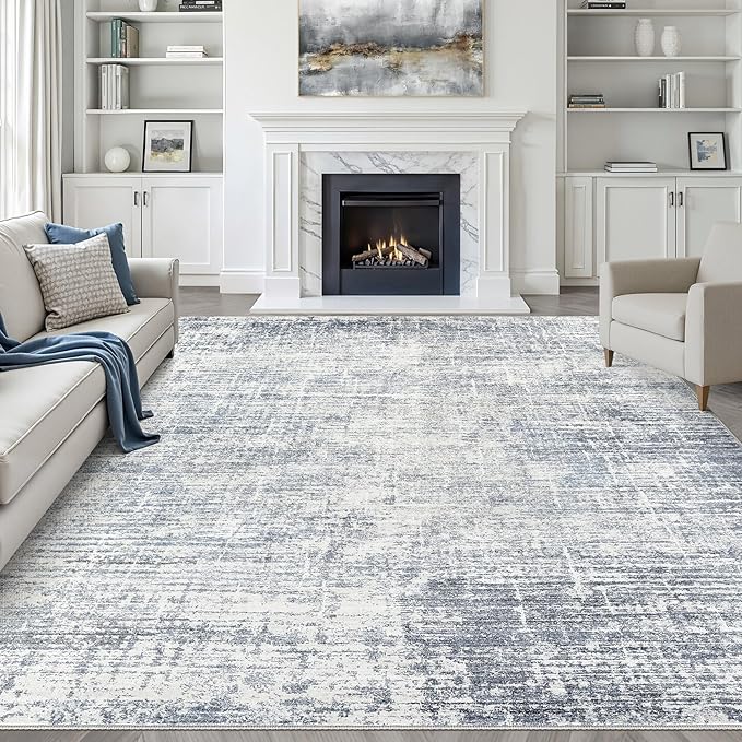 7x9 Area Rug Living Room: Washable Large Neutral Blue Rugs Abstract Soft Modern by LOONGRUG