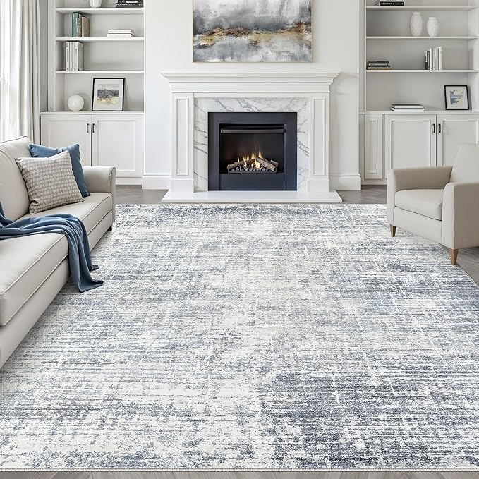 9x12 Area Rug Living Room: Washable Large Neutral Blue Rugs Abstract Soft by LOONGRUG