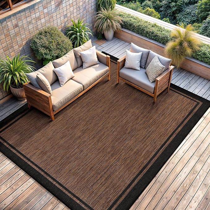 CAMILSON Indoor Outdoor Rug, 9x12 Bordered Nut Brown Black Modern Area Rugs - Image 7