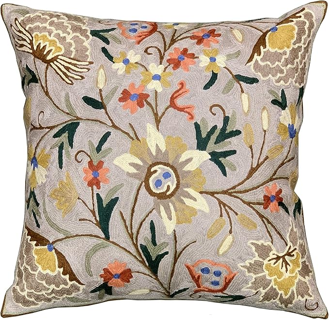 Beige Floral Pillow Cover Taupe Flower Traditional Hand Embroidered Pillowcase by Kashmir+Designs