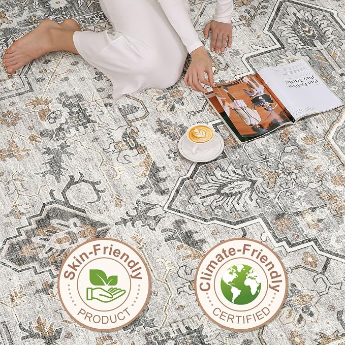 7x9 Area Rug Living Room: Washable Boho Large Neutral Vintage Soft Rugs Stain - Image 8