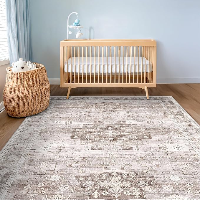 Washable Neutral Farmhouse Bedroom Rug, 5x7 Area Rugs - Image 6