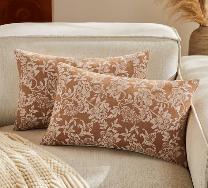 Floral Jacquard Lumbar Throw Pillow Covers Set of 2, Background/Caramal 12x20 by Unknown
