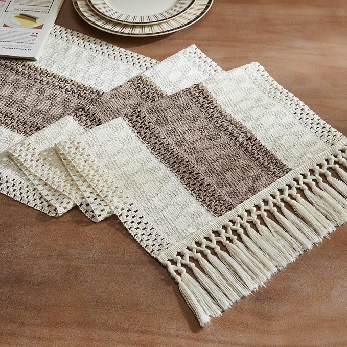 ZeeMart Macrame Style Bicolor Stitching Table Runner, 14 x 108 Inch Cocoa by ZEEMARTONLINE