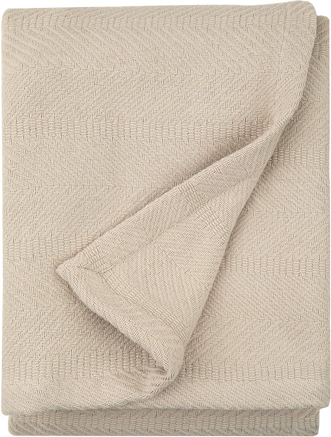 Sticky Toffee Cotton Throw Blanket, 60 x 50 Inch, Tan Beige Herringbone Weave by StickyToffee