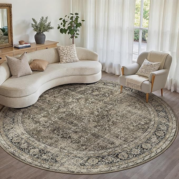 Brown Round Area Rug 8ft Washable 8x8 Circle Vintage Low Pile Indoor Large by PureCozy