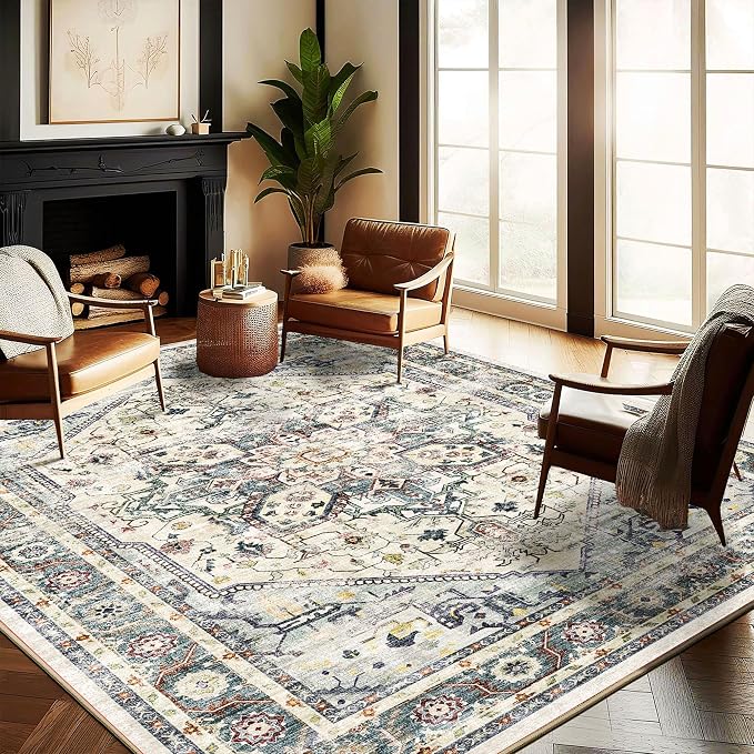 Washable Area Rug 9'x12' Cyan Khaki Retro Flowers Boho Design Non-Shedding Easy by CHAMPLANT