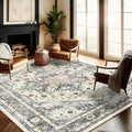 Washable Area Rug 9'x12' Cyan Khaki Retro Flowers Boho Design Non-Shedding Easy by CHAMPLANT