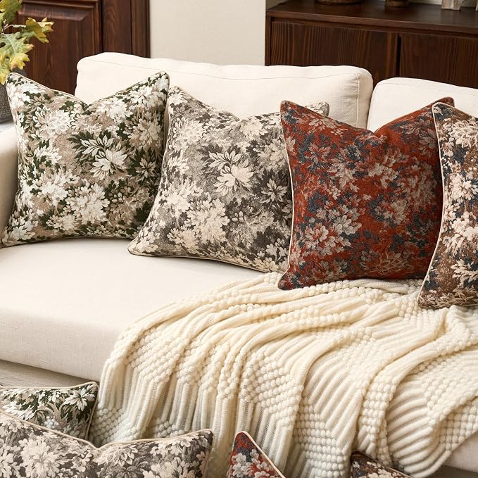 Yangest Neutral Floral Pillow Cover 20 x 20 Inches, Vintage Chenille Square - Image 6