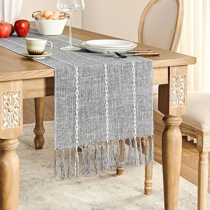 ZeeMart Farmhouse Braided Striped Table Runner, Rustic Grey Table Runners 48 - Image 2