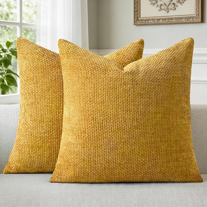 a moment Fall Mustard Yellow Chenille Throw Pillow Covers 22x22 Inch Pack of 2 by amoment