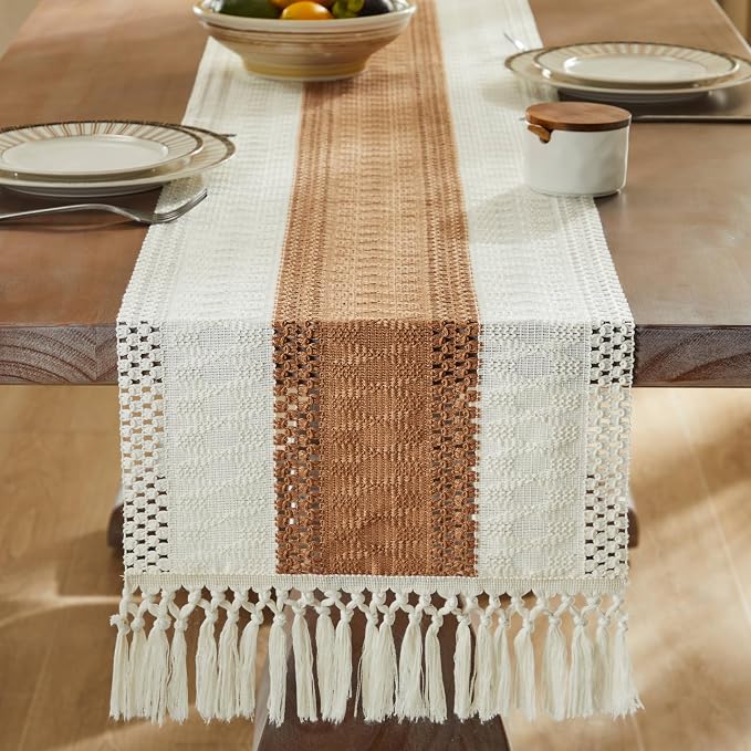 ZeeMart Macrame Style Bicolor Stitching Table Runner, 14 x 48 Inch Caramel/Ivory - Image 3