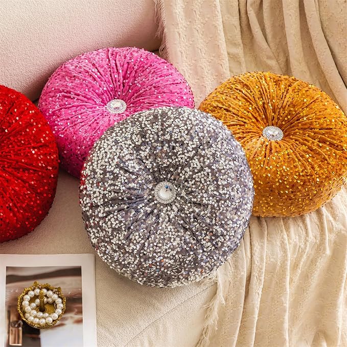 Round Throw Pillow, 13.7" Soft Glitter Sequin Pleated Pumpkin Decorative Round - Image 3
