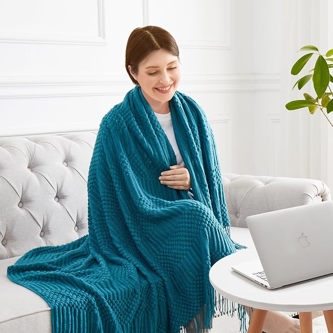 Teal Knitted Decorative Throw Blankets - Image 3