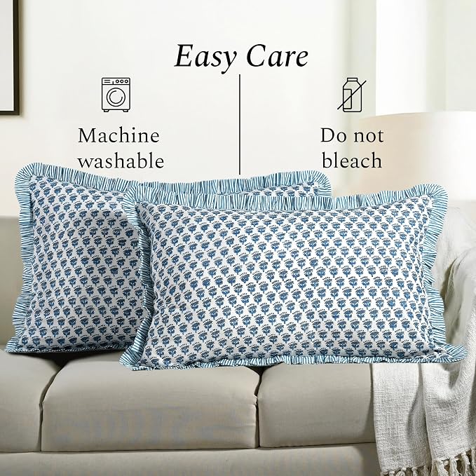 CPC Apatite Blue 100% Cotton Block Print Ruffle Sham Cover 20X30 inch Pack of 2 - Image 7