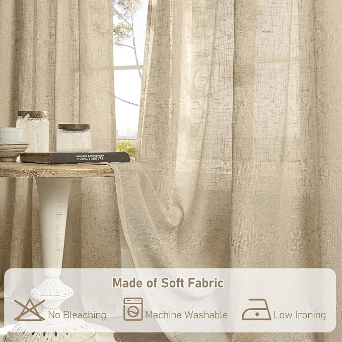 LAMIT Brown Linen Boho Curtains 68 inch Length 2 Panels, Light Filtering Semi - Image 8