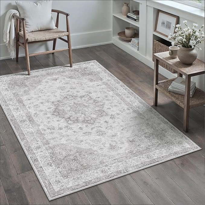 Grey Gray Area Rug 4x6 Washable Vintage Carpet - Image 5