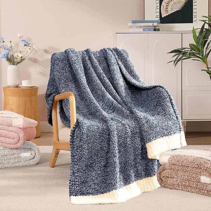 WRENSONGE Throw Blanket Cationic Dyeing Navy Blue Soft Cozy Fluffy Warm Hand - Image 3
