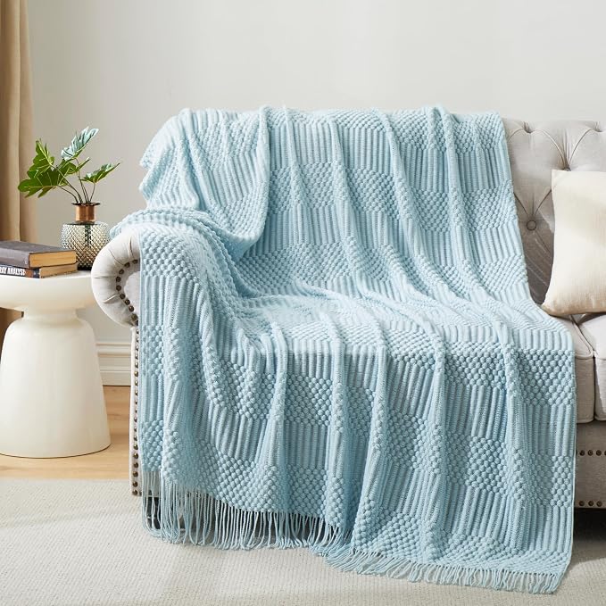 Light Blue Knitted Decorative Ball Throw Blankets by HommxJF