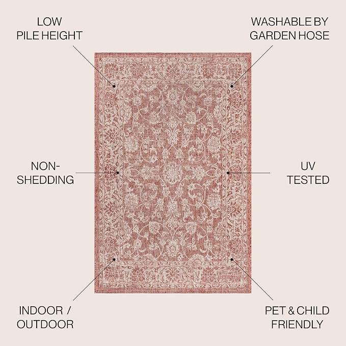 JONATHAN Y Weave Floral Indoor Outdoor Round Area Rug 6 Ft Red/Taupe, Tela - Image 2