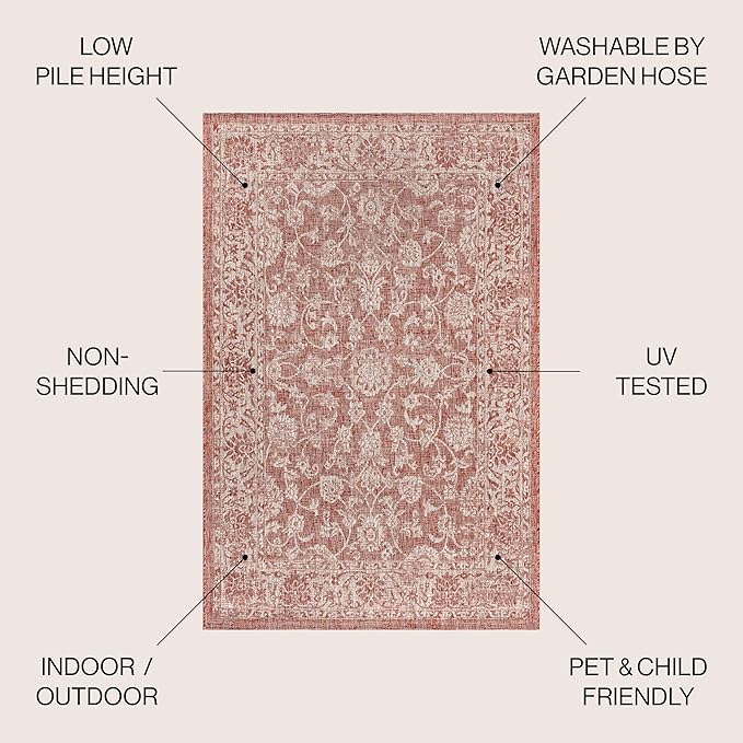 JONATHAN Y Weave Floral Indoor Outdoor Square Area Rug 8X8 Red/Taupe, Tela - Image 2