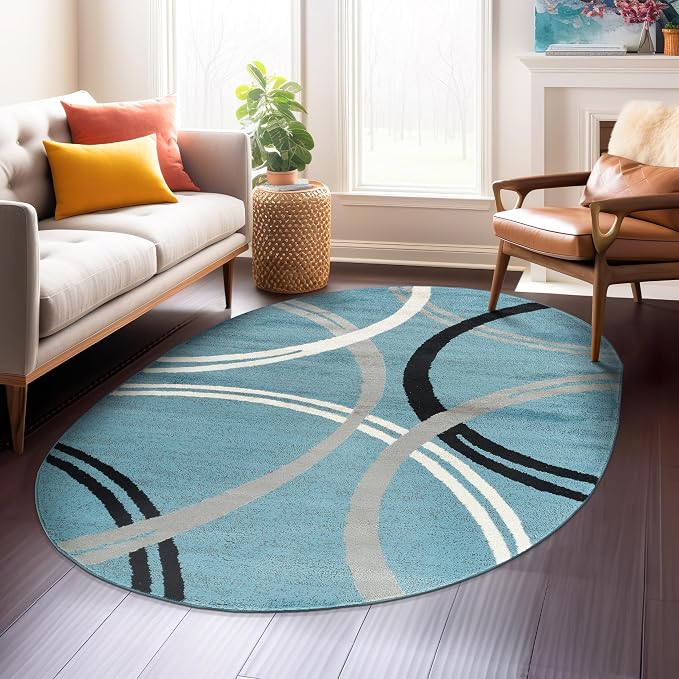 Rugshop Modern Wavy Circles Design Oval Rug, Non-Shedding Carpet by Rugshop