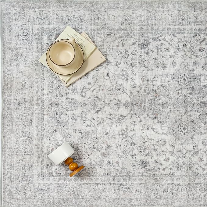 Gray Area Rug 6x9 for Living Room Washable Vintage Carpet Low Pile Non Slip - Image 5