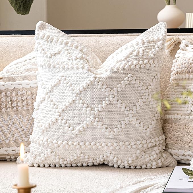BlissBlush Pure White Decorative Throw Pillow Cover 22X22, Boho Accent Pillow by BlissBlush