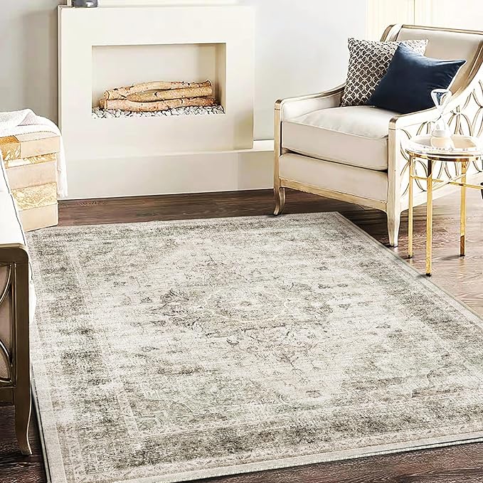 Washable Area Rug 4'x6' Floral Khaki Traditional Floor Cover Foldable Thin Rugs by CHAMPLANT