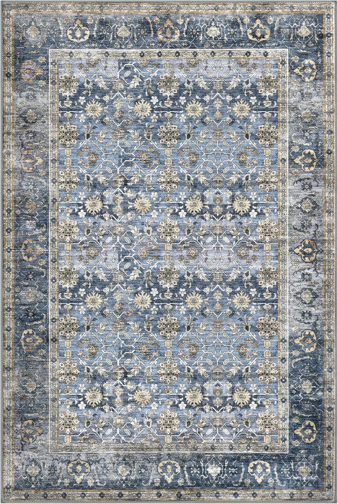 KUTA Vintage Area Rug 4x6 Washable Rug Blue Grey Beige Traditional Floor Cover - Image 8