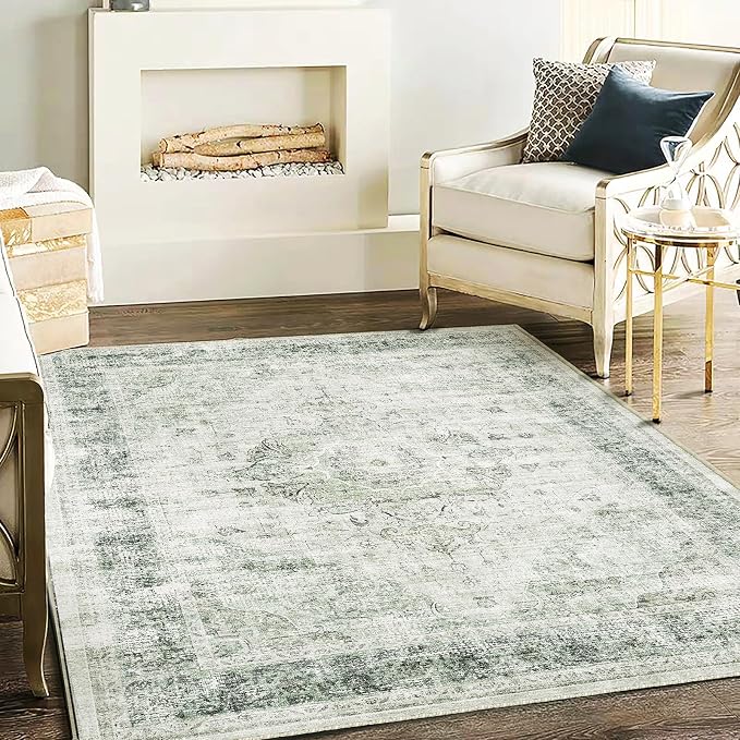 Washable Area Rug 4'x6' Floral Green Vintage Traditional Floor Cover Foldable by CHAMPLANT