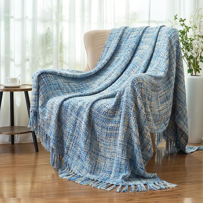 Multi-Color Light Blue Cable Knitted Throw Blanket - Image 6