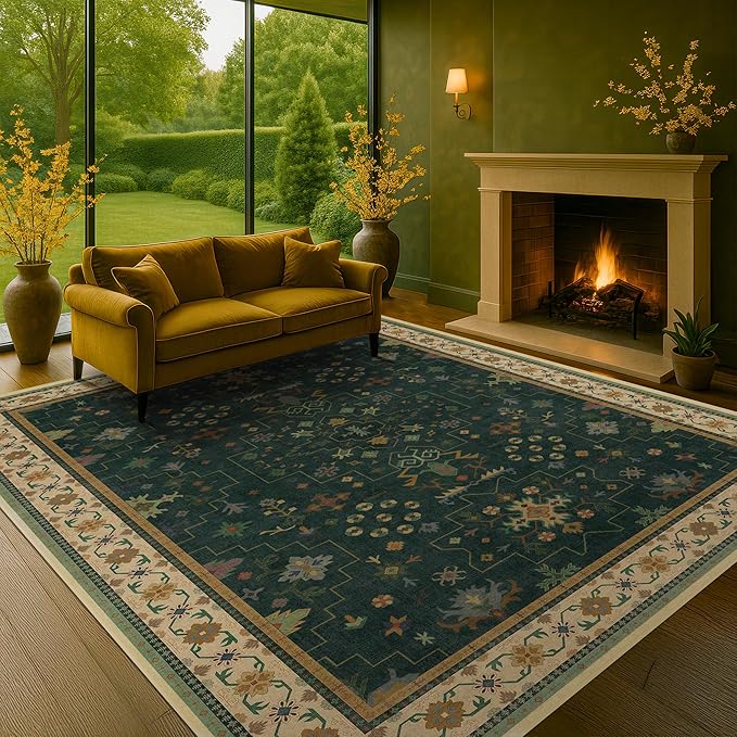 Dark Green Vintage 7x10 Washable Rugs - Image 3