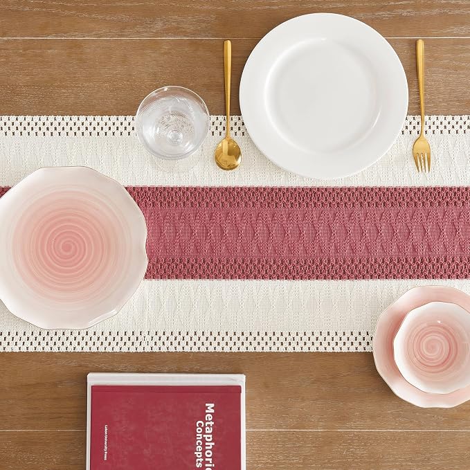 ZeeMart Macrame Style Bicolor Stitching Table Runner, 14 x 72 Inch Dusty - Image 4