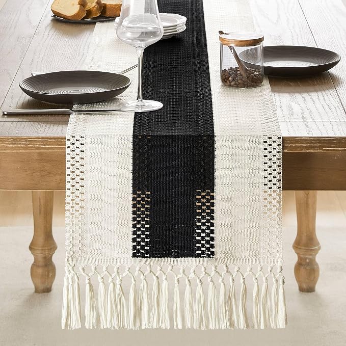 ZeeMart Macrame Style Bicolor Stitching Table Runner, 14 x 90 Inch Black/Ivory - Image 2