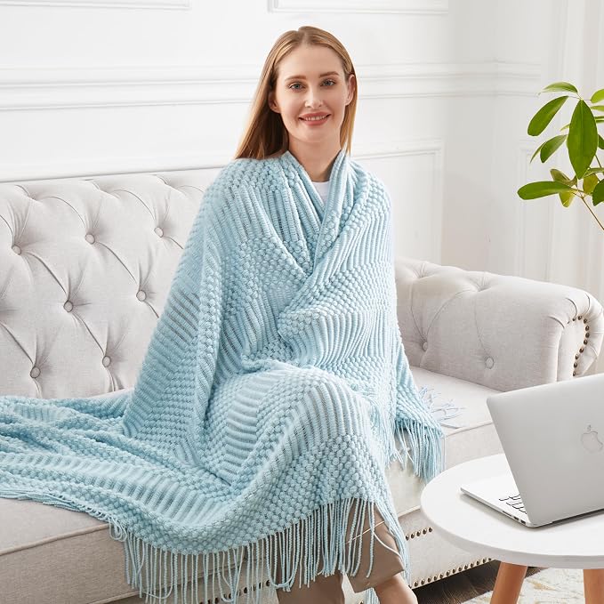 Light Blue Knitted Decorative Ball Throw Blankets - Image 6