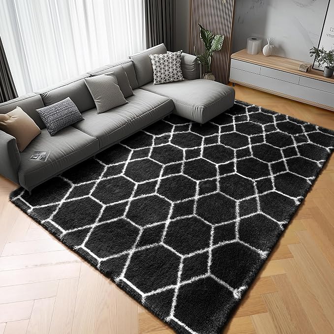 ONASAR Area Rugs for Living Room Bedroom, 5x8 Washable Fluffy Black and White by ONASAR