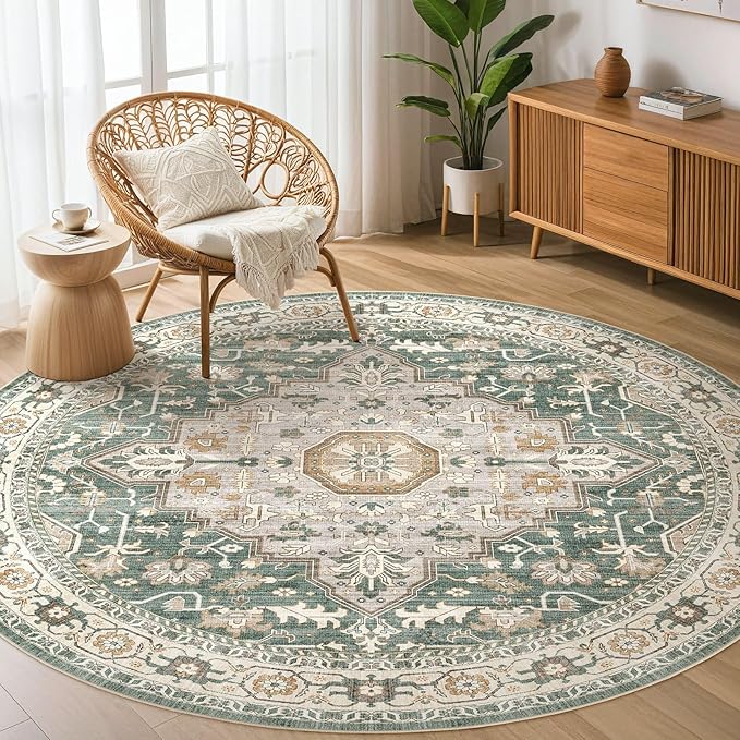 Round Rug Living Room Rugs: 5x5 Washable Boho Neutral Large Circle Soft Indoor by LOONGRUG