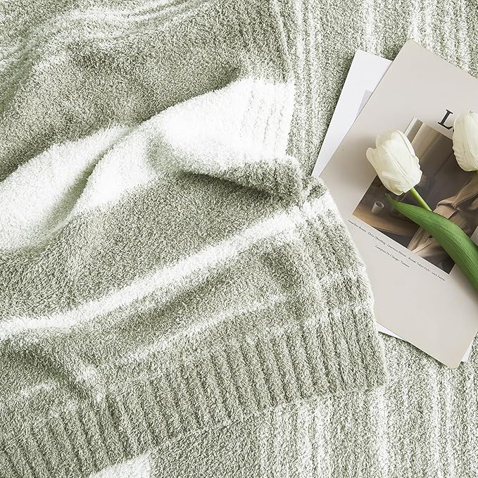 WRENGONGE Sage Green Throw Blanket, 60x80 Soft Cozy Striped Throw Blankets - Image 3