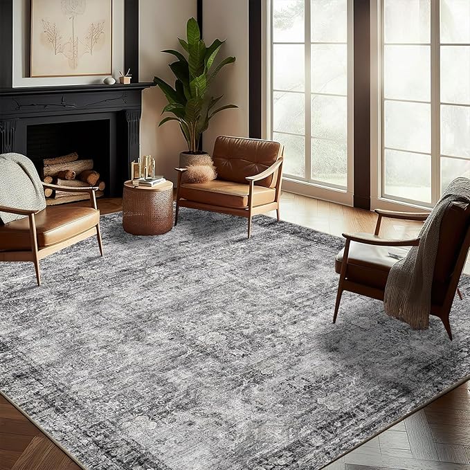Washable Area Rug 9'x12' Retro Boho Design Non-Shedding Easy Care Ideal by CHAMPLANT