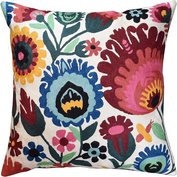 Polish Floral Decorative Pillow Cover Hand Embroidered Cream Flower Pillowcase by Kashmir+Designs
