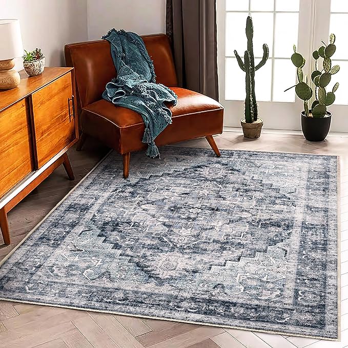 Area Rug 5'x7' Dark Blue Washable Vintage Traditional Floor Cover Thin Retro by CHAMPLANT