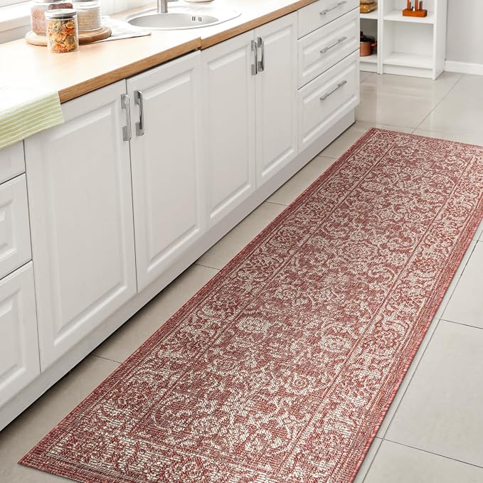 JONATHAN Y Weave Floral Indoor Outdoor Runner Rug 2X8 Red/Taupe, Tela Bohemian by JONATHANY