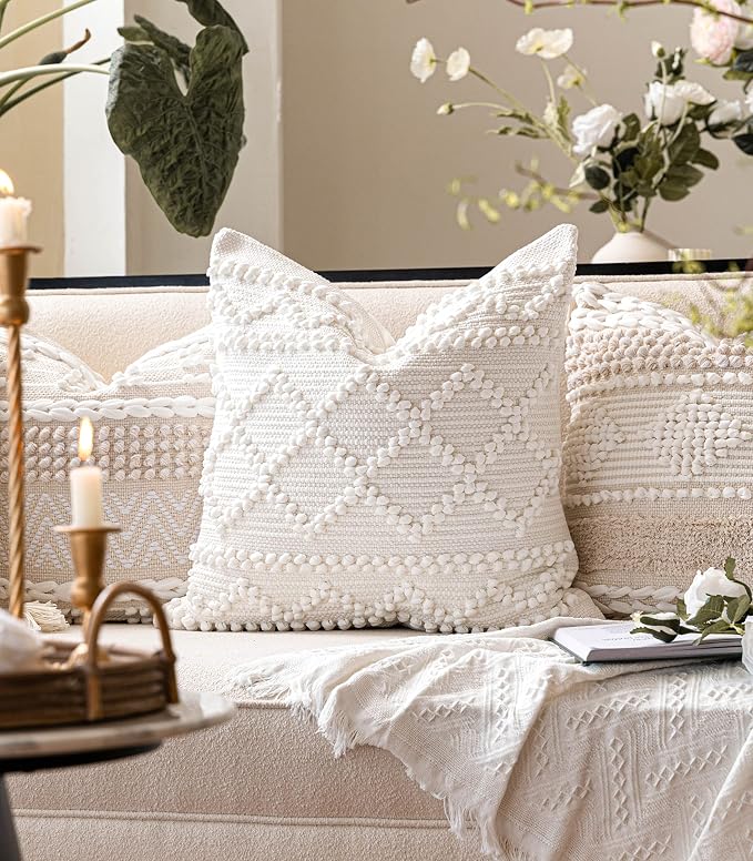 BlissBlush Pure White Decorative Throw Pillow Cover 22X22, Boho Accent Pillow - Image 4
