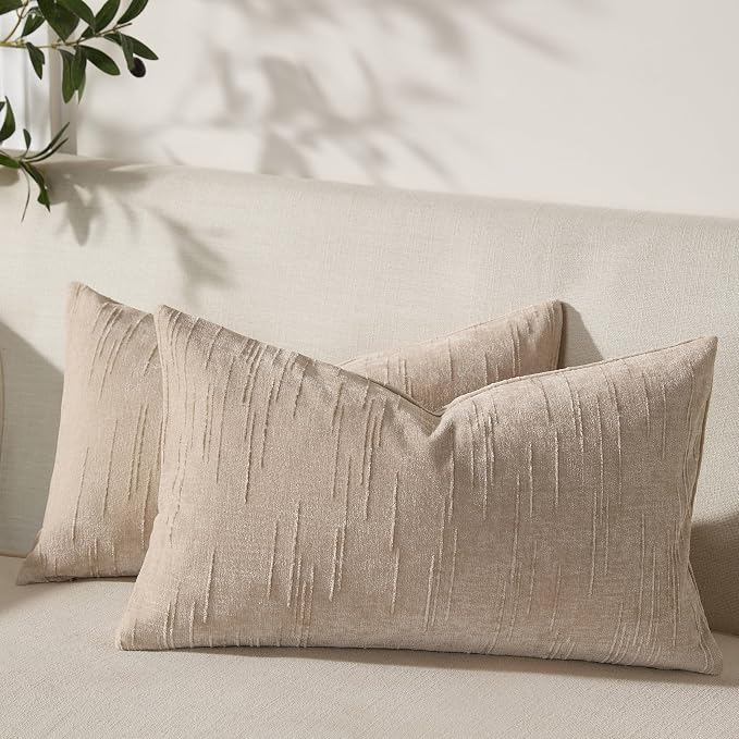 Set of 2 Soft Textured Throw Pillow Covers 12x20, Invisible Zipper Neutral by HOME