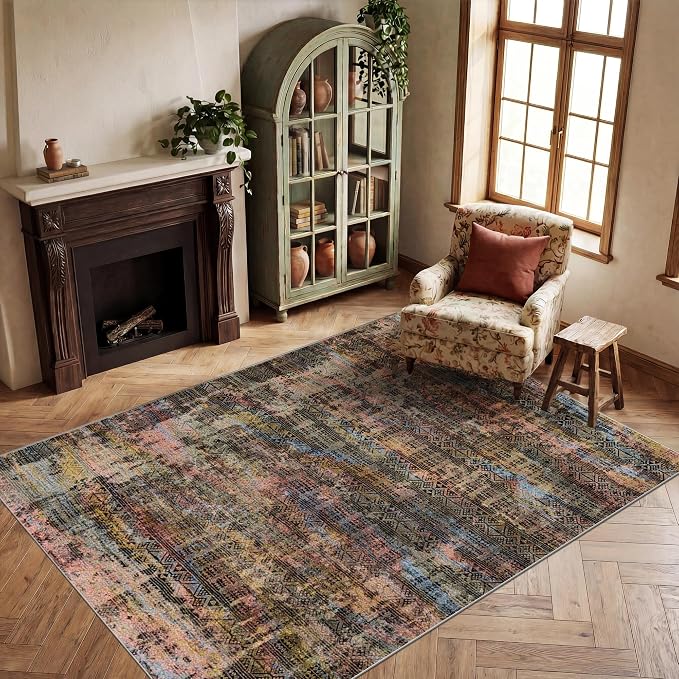 Kokia Abstract Area Rugs Washable Indoor 6x9 Rug Boho Distressed Retro Low Pile - Image 2