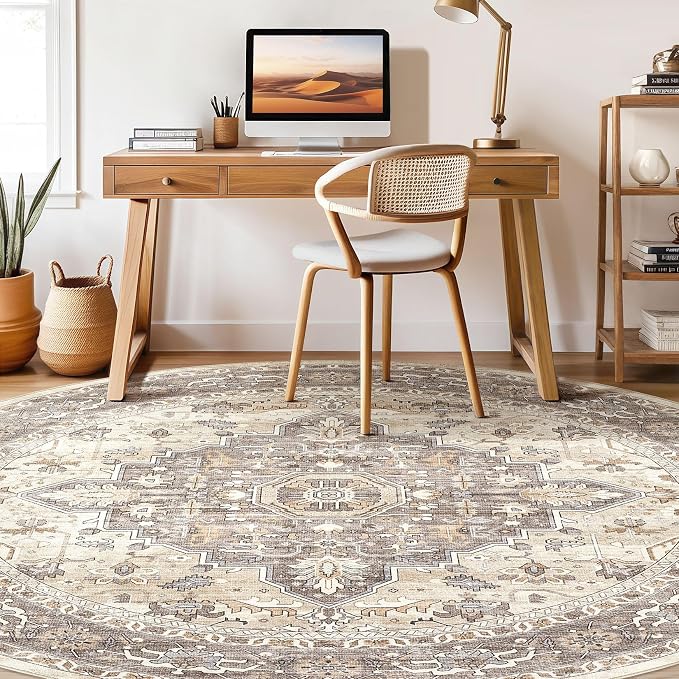 Round Rug Living Room Rugs: 8Ft Washable Boho Neutral Large Circle Soft Indoor - Image 7
