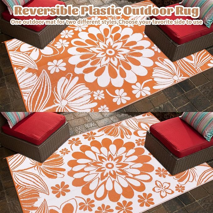 Ileading Outdoor Plastic Straw Rug 6x9ft Funny Floral Style Reversible Patio - Image 4